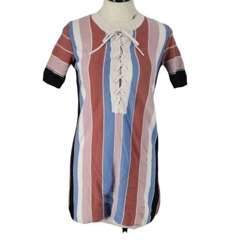 Forever 21 Contemporary Multi Color Striped Lace Up Knit Mini Dress Medium